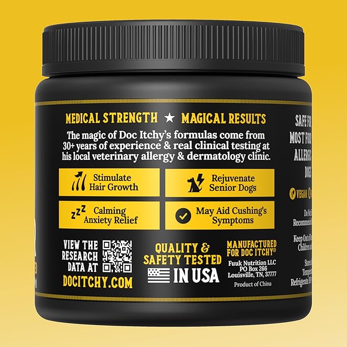 Doc Itchy Rejuvenating Hair-Grower Dog Pet Chews | 10mg Melatonin for Dogs | Hair Growth Booster | Senior Dog Energizer | Calming | Medical-Strength | Food Allergy Safe | Vegan | 90 Count-PawvioPets