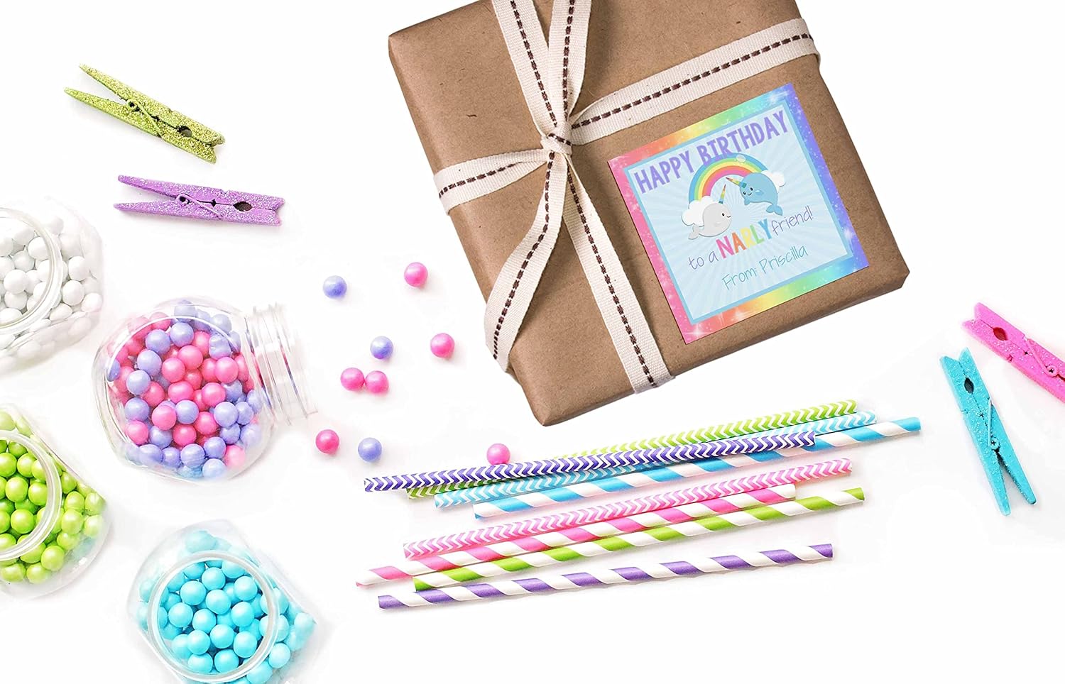 Custom & Personalized Narwhal Unicorn of The Sea Happy Birthday Gift Tag Sticker Labels, 24 2.5" Square Stickers by Amanda Creation