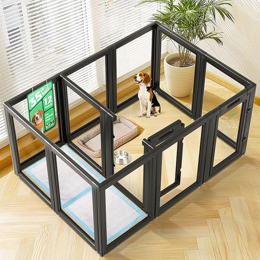 FXW AuraSpace Acrylic Indoor Unleashed Dog Playpen for Medium Dogs, 35 Inch, 12 Panels, Black-PawvioPets