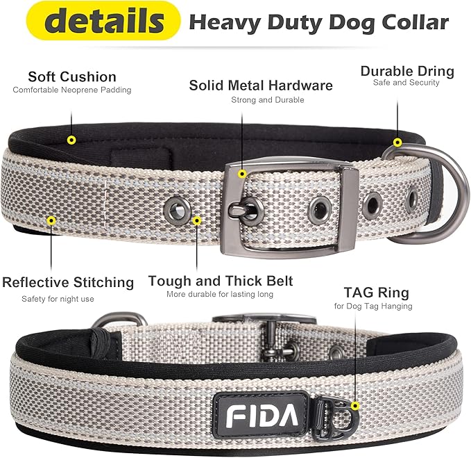Fida Heavy Duty Dog Collar, Ultra Comfortable Soft Neoprene Padded, Adjustable Reflective Nylon Pet Collar with Durable Metal Belt Buckle for Small Breeds (S, Grey)-PawvioPets