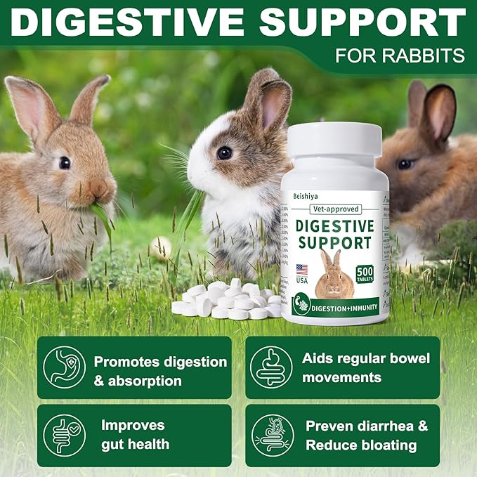 500 Tablets, Digestive Support Rabbit, Support GI Stasis, Bloat, Constipation, and Diarrhea, Strengthens Immune System, Premium Formula with High Fiber, Vitamins and Probiotics, Non-GMO-PawvioPets