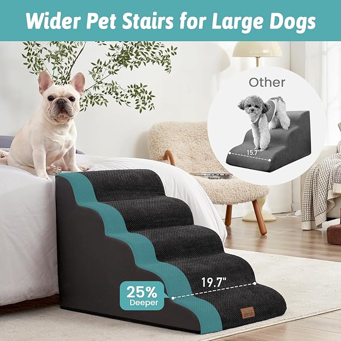 Extra Wide Dog Stairs 19.7" Width, Large Pet Step for Small Medium Dog, Puppy or Cat, Ramp for High Bed or Car, High Density Foam Ladder, Stable, 5 Step, 19.7x33x22.4 inch, Black-PawvioPets