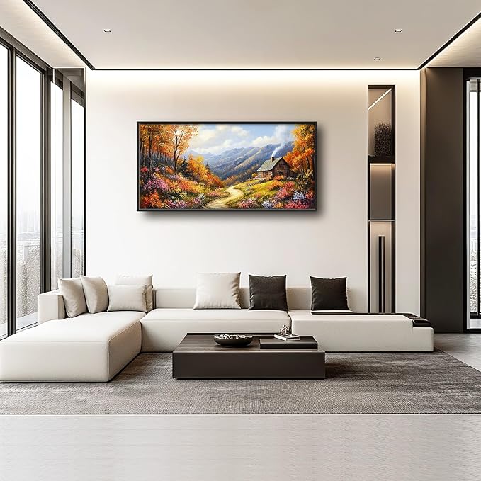 Framed Large Autumn Mountain Wall Art for Living Room, Oversized Wildflower Tree Wall Decor Nature Landscape Canvas Painting Modern Artwork Home Decoration for Living Room Bedroom 60"x30"-PawvioPets