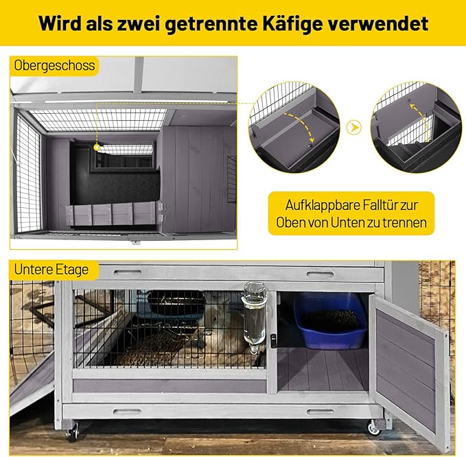 Aivituvin Rabbit Hutch Rabbit Cage Outdoor & Indoor on Wheels Bunny cage with Deep No Leak Pull Out Tray,Upgrade Version (Gray)-PawvioPets