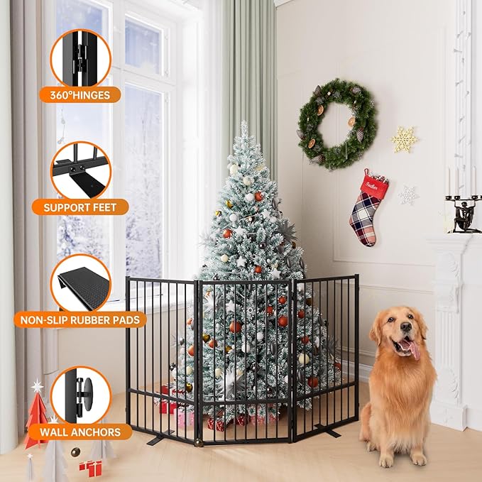 Full Metal Freestanding Dog Gate with Door, 36''Height Foldable Pet Dog Fence for Indoor & Outdoor, 3 Panels Extra Wide Free Standing TallDog Gates for Doorways,House,Stairs,Porch,Deck,Yard-PawvioPets