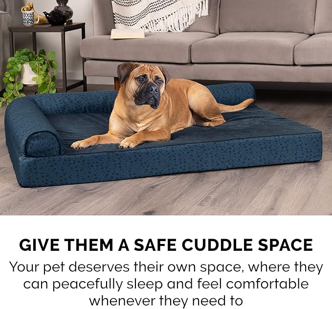 Furhaven Cooling Gel Dog Bed for Medium/Small Dogs w/ Removable Bolsters & Washable Cover, For Dogs Up to 35 lbs - Plush & Almond Print L Shaped Chaise - Blue Almonds, Medium-PawvioPets