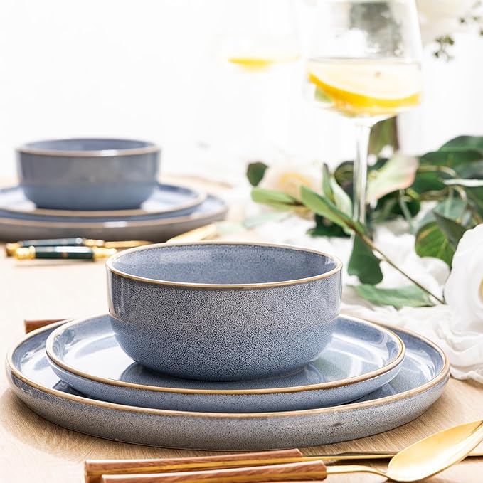 GBHOME Ceramic Dinnerware Sets for 8, 24 Pieces Stoneware Plates and Bowls Sets, Scratch Resistant Dishes, Dishwasher & Microwave Safe, Reactive Glaze-Brunnera Blue-PawvioPets