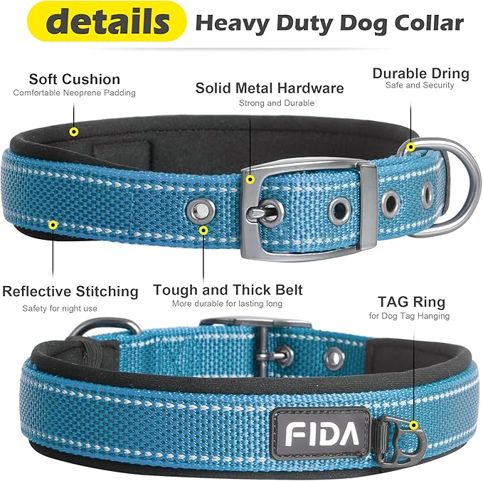 Fida Heavy Duty Dog Collar, Ultra Comfortable Soft Neoprene Padded, Adjustable Reflective Nylon Pet Collar with Durable Metal Belt Buckle for Small Breeds (S, Blue)-PawvioPets