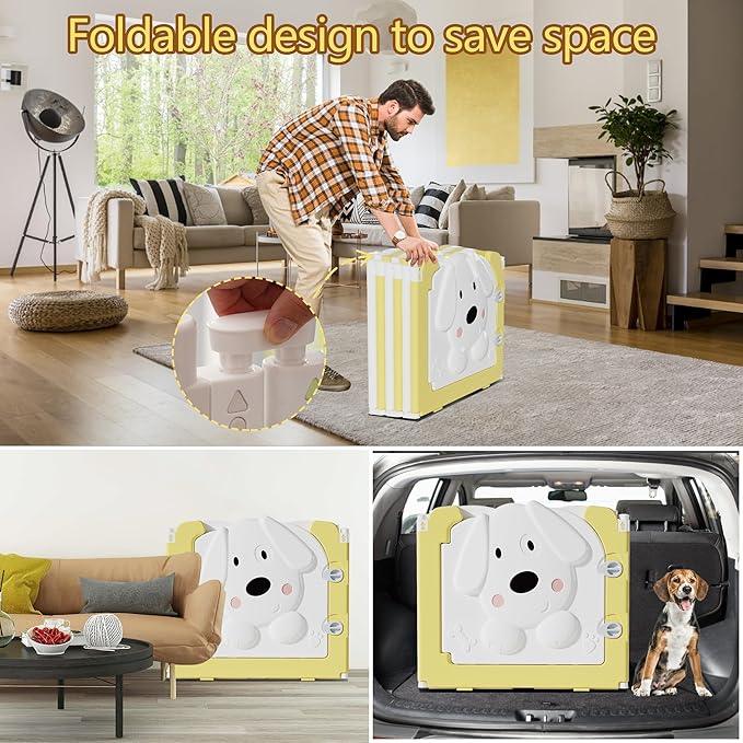 Foldable Dog Play Pen Indoors, Non-Slip Sturdy Puppy Playpen with Door, 25.5" H 10-Panel Adjustable Shape Dog Fence Pen for Small/Medium Dogs, Thickened, Easy to Store, White+Yellow-PawvioPets