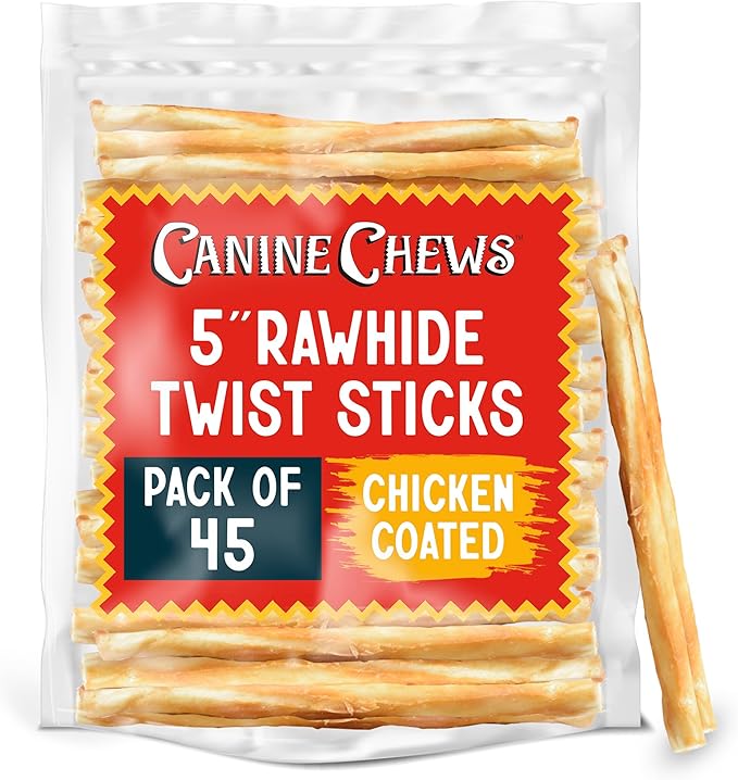 Canine Chews 5" Chicken Coated Sticks - Pack of 45 USA-Sourced Rawhide Dog Treats - Protein-Dense Wrapped Chews With 100% Real Chicken Coating-PawvioPets