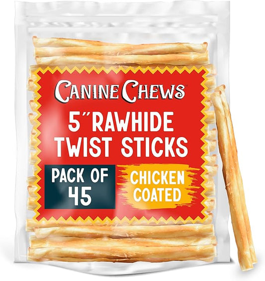 Canine Chews 5" Chicken Coated Sticks - Pack of 45 USA-Sourced Rawhide Dog Treats - Protein-Dense Wrapped Chews With 100% Real Chicken Coating-PawvioPets