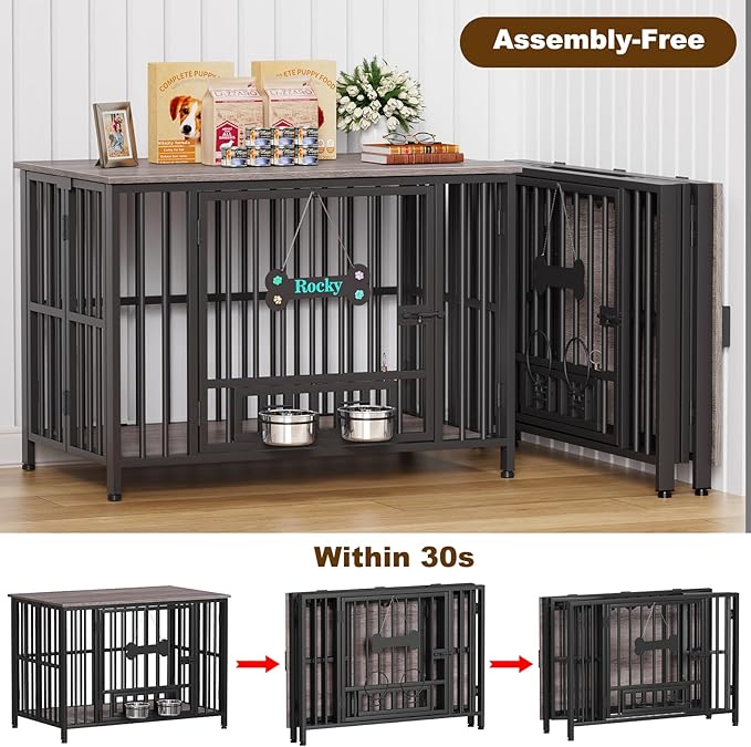 Easycom 41" Dog Crate Furniture Foldable, No Assembly Decorative Dog Kennel Indoor, Dog Crates for Large Dogs (40-65 lbs), Wooden Dog Cage with Adjustable Bowls and Name Tag, End Table, Oak Grey-PawvioPets