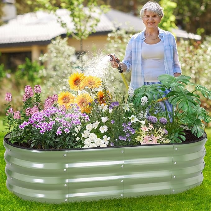 Galvanized Raised Garden Bed Outdoor - 4×2×1ft Planter Raised Beds for Gardening | Oval Metal Garden Planter Box with Safety Edging and Gloves for Vegetables Fruits and Flowers OliveGreen-PawvioPets
