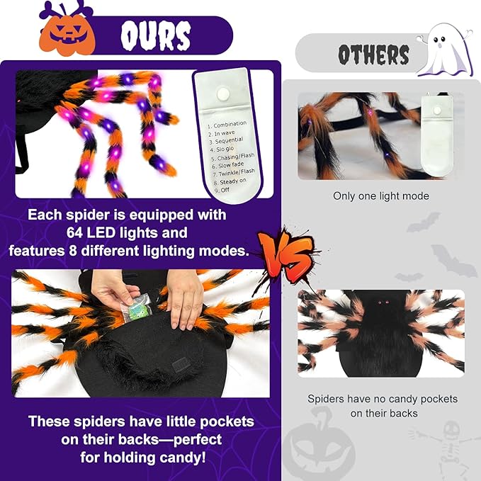 Dog Halloween Costume Large Breed, Furry Dog Spider Costume with 64 LED, Funny Halloween Dogs Costumes for Large Dogs Medium Pet Halloween Party Cosplay (Orange)-PawvioPets