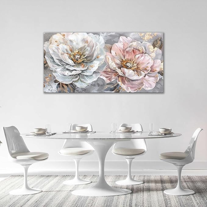 Extra Large Flower Wall Art Pink and White Floral Canvas Living Room Golden Pictures Framed Prints Oversize Wall Decor Big Painting Artwork for Bedroom Dining Office Home 60"x30"-PawvioPets