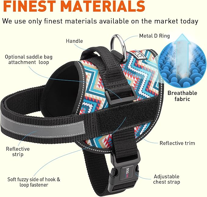 Dogline Dog Harness, Reflective No-Pull Adjustable Vest with Handle for Walking, Training, Breathable, No - Choke Harness for Small, Medium or Large Dogs Room for Patches Aztec Design 2 L 27"-34"-PawvioPets