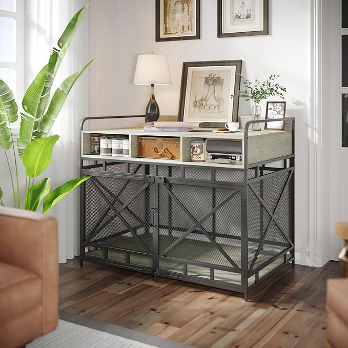 Dog Crate Furniture, 43" Heavy Duty Wooden Dog Crate End Table, XL Dog Kennel Furniture Large Breed, Decorative Dog Kennel Indoor with 3 Drawers & Steel Tubes 43" L x28 W x36 H (Grey)-PawvioPets