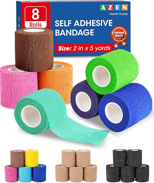 AZEN 8 Pack Self Adhesive Bandage Wrap, 2" X 5 Yards Elastic Cohesive Bandage Wrap, Color Athletic Tape, Vet Wrap, Ankle Tape, Tattoo Grip Tape Wrap-PawvioPets