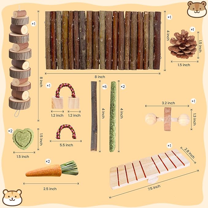 18 PCS Hamster Chew Toys Set, Natural Apple Wood Guinea Pig Toys, Hamster Cage Accessories Include Bridge, Seesaw, Carrot, Timothy Straw Stick Dental Care for Rat Gerbil Chinchilla Rabbits-PawvioPets