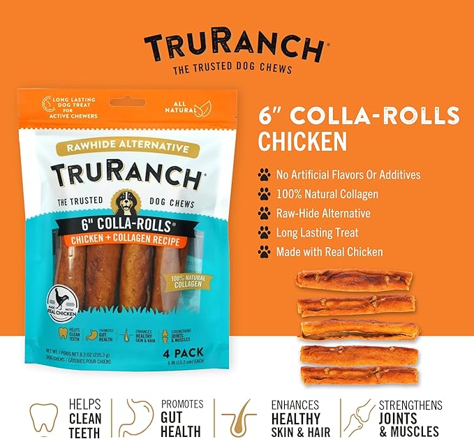 Collagen Rolls - 6" Collagen Rolls for Dogs - Long Lasting Healthy Joint Support Dog Treat - Rawhide Alternative - Skin & Coat Health - Made with Real Chicken, 1 Bag, 4 Count-PawvioPets