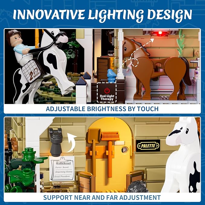 FUNWHOLE Farm Horse-Stable Lighting-Building-Bricks Set - Farm Life Horse Animals Cabin Collection LED Light Cottage Model Display Set 973 Pcs for Adults and Teen-PawvioPets