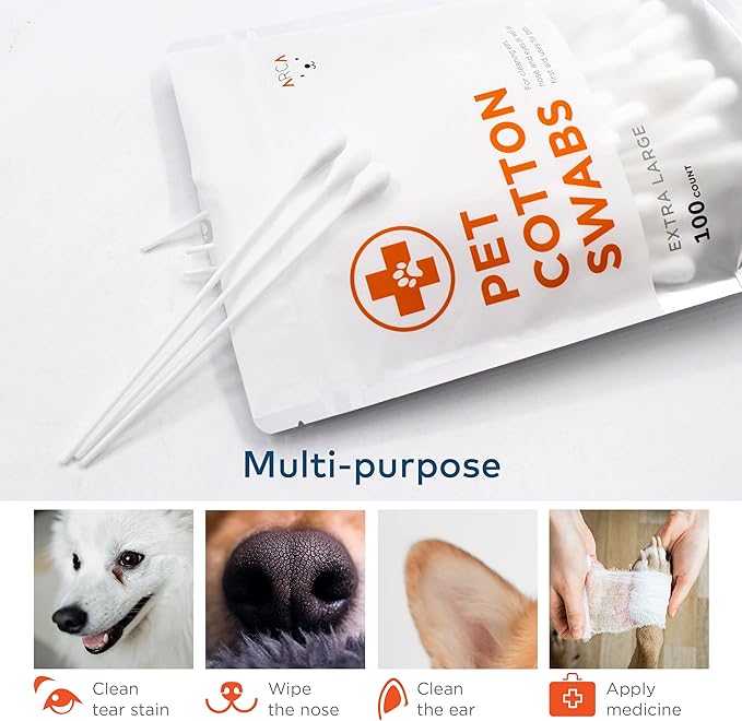 Cotton Swabs for Dogs and Cats - Cat & Dog Ear Cleaner Long Cotton Swab - Extra Large Cotton Head, Cat & Dog Ear Cleaning Kit for Puppies, Multipurpose Pet Cotton Swabs (Extra Large 100 Buds)-PawvioPets
