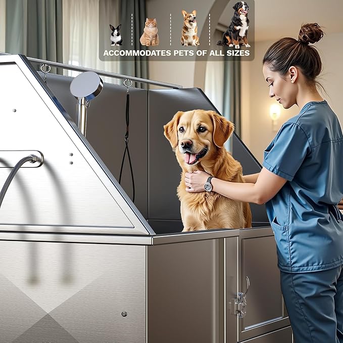 DWVO Professional Pet Dog Bathing Station for Grooming, 50'' Dog Grooming Bathtub with Right Staris, Floor Grate, Faucet, Showerhead & Soap Holder for Large, Medium & Small Pets-PawvioPets