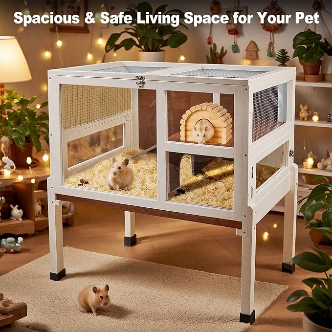 2-Story Guinea Pig Cage with Stand, Indoor Wooden Hamster Cage with Ramp, Pull-Out Tray, Hideout & Platform, Acrylic Transparent Small Animal Habitat for Chinchillas, Ferrets, Hedgehogs, Walnut-PawvioPets