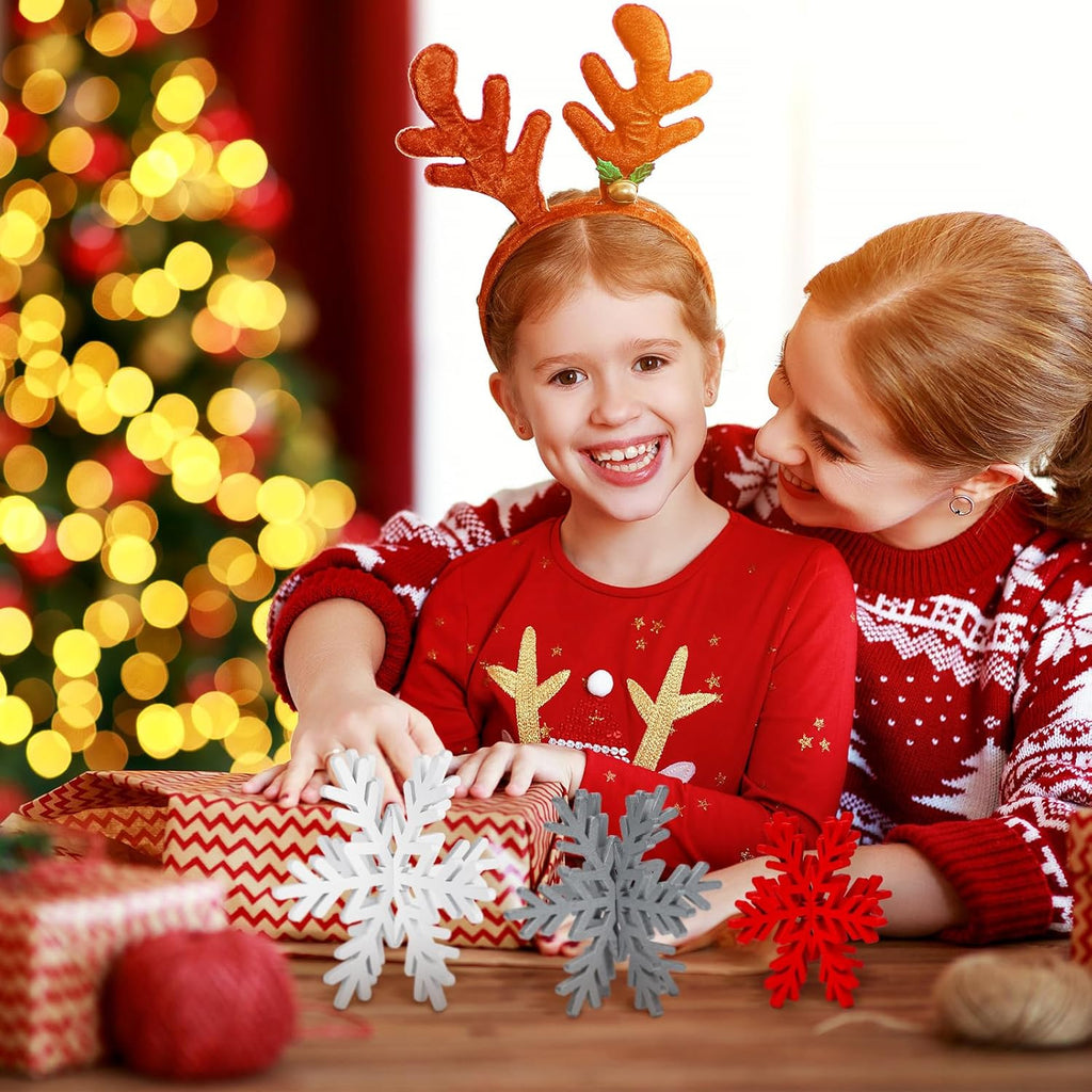 Qunclay 20 Pcs Wooden Snowflake Decorations 3D Snowflake Tabletop Decor Christmas Signs and Centerpiece for Winter Wonderland Decorations Xmas Tiered Tray Decor(Red, Gray, White)