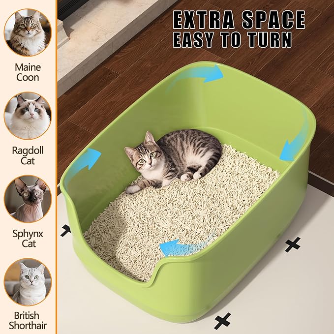 Gefryco Large Cat Litter Box with High Sided 24.6"x18.3"x12.2" - Jumbo Extra Large Open Anti - Splashing High Wall for Multiple Cats (Green)-PawvioPets