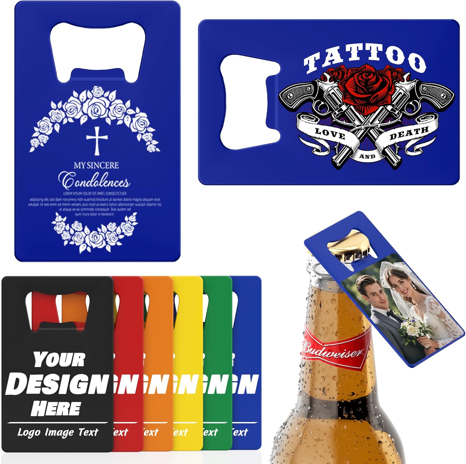 4-100 Pcs Custom Bottle Opener, Personalized Stainless Steel Credit Card Bottle Opener, Full Color Print Custom Beer Can Opener Bulk for Bar, Wedding Favors, Party, Promotion, Groomsmen Gift (Blue)