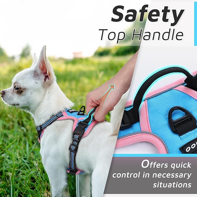 Eagloo Small Dog Harness No Pull, Service Vest with Reflective Strips and Control Handle, Adjustable and Comfortable for Walking, No Choke Pet Harness with 2 Metal Rings, Pink & Blue, XS-PawvioPets