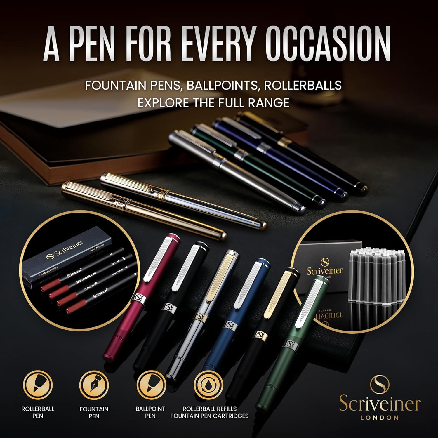 Scriveiner Black Green Fountain Pen - Stunning Luxury Pen with Chrome Finish, Schmidt Nib (Medium), Best Pen Gift Set for Men & Women, Professional, Executive, Office, Nice Pens