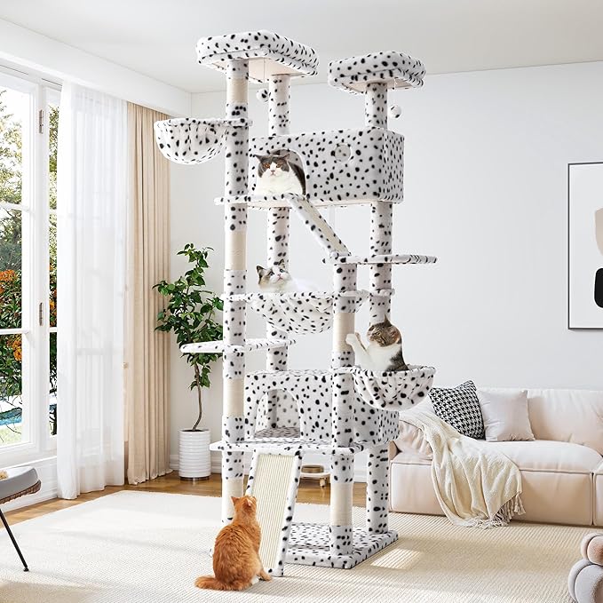 Allewie 81 Inches Tall Cat Tree/Multi-Level Large Climbing Tree House and Towers for Big Feline/Condo and Hammock/Scratching Post/Wide Base/White & Black Spot-PawvioPets