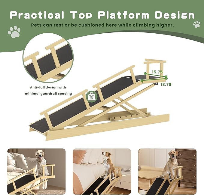 6 Level Height Adjustable Dog Ramp for Bed, Couch 65" Foldable Pet Ramp with Non-Slip Mat，DIY Glow Strips & Rest Platform Heavy Duty Dog Stairs for Large Dogs up to 200Lbs ，Wood Color-PawvioPets