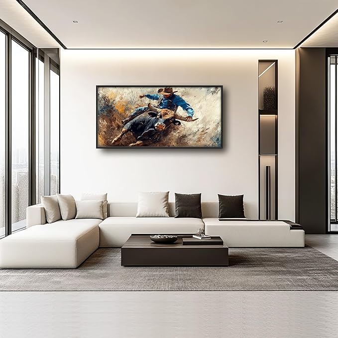 Framed Large Western Cowboy Wall Art, Oversized Rustic Cow Wall Decor for Living Room, Dusty Canvas Painting Pictures Vintage Artwork Home Decoration for Living Room Bedroom Office 60"x30"-PawvioPets