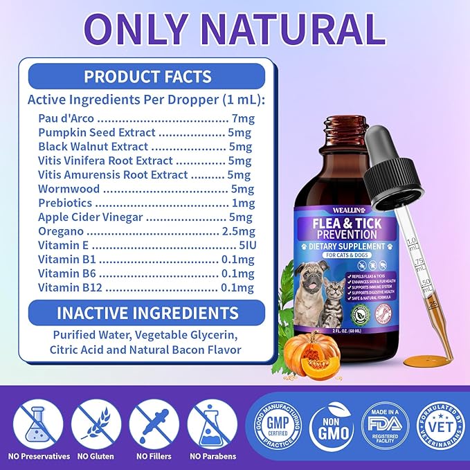 Flea and Tick Prevention Support for Cats and Dogs Natural Flea Treatment Drops with Multivitamin for Pets Oral Natural Supplement Flea and Tick Treatment Drops for All Breeds and Ages-PawvioPets