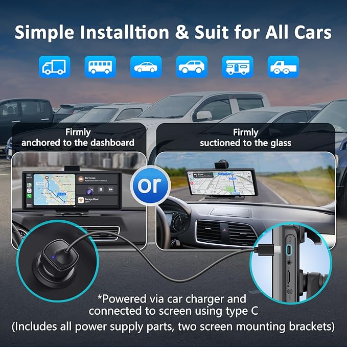 Apple carplay & Android Auto,Wireless Double din 10.26 inch Dash Cam with Front Camera and Backup Camera.GPS Navigation,Mirror Link/Voice Control/Bluetooth for Car RV Pickup Bus Trailer.etc-PawvioPets