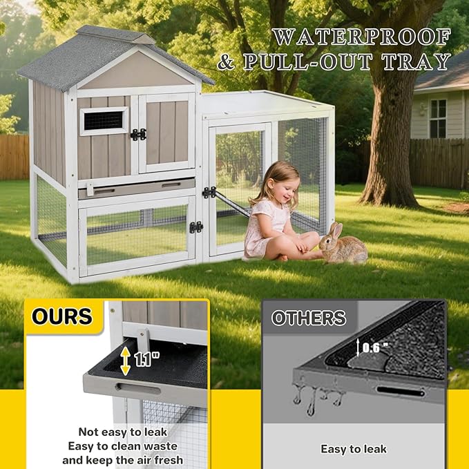 47''L Rabbit Hutch Outdoor Chicken Coop with Run, Wooden Indoor 2 Story Bunny House with Waterproof Roof, Pull Out Tray, Guinea Pig Rabbit Duck Cage for Small to Medium Animals and Pet Lover, Gray-PawvioPets