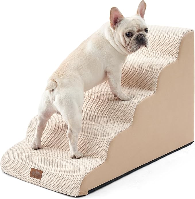 Extra Wide Dog Stairs 19.7" Width, Pet Step for Small Medium/Large Dog, Puppy or Cat, Pet Ramp for High Bed or Car, High Density Foam Ladder, Stable, 5 Step, 19.7x33x22.4 in, Beige-PawvioPets