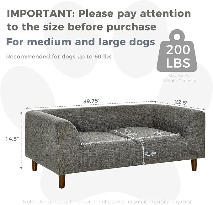 Dog Sofa Couch for Medium to Large Dogs, Memory Foam Dog Sofa Bed, Modern Elevated Pet Couch Bed with Wooden Legs for Medium and Large Dogs, Dark Grey-PawvioPets