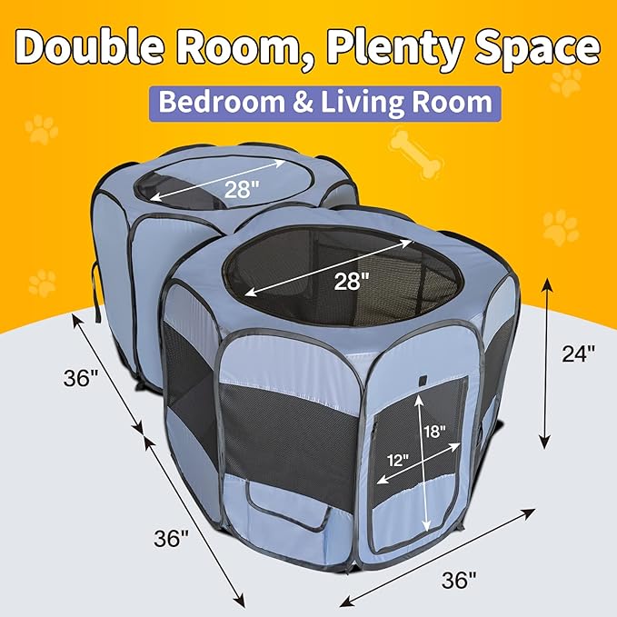 EighteenTek XLarge 2-in-1 Pop up Dog Playpen, Assembly-Free, with Leakproof Pet Pee Pads,Portable Foldable Cat Tent Enclosure Indoor Outdoors Puppy Kittens Small Animals Crates (M, 72" Lx36 Wx24 H)-PawvioPets