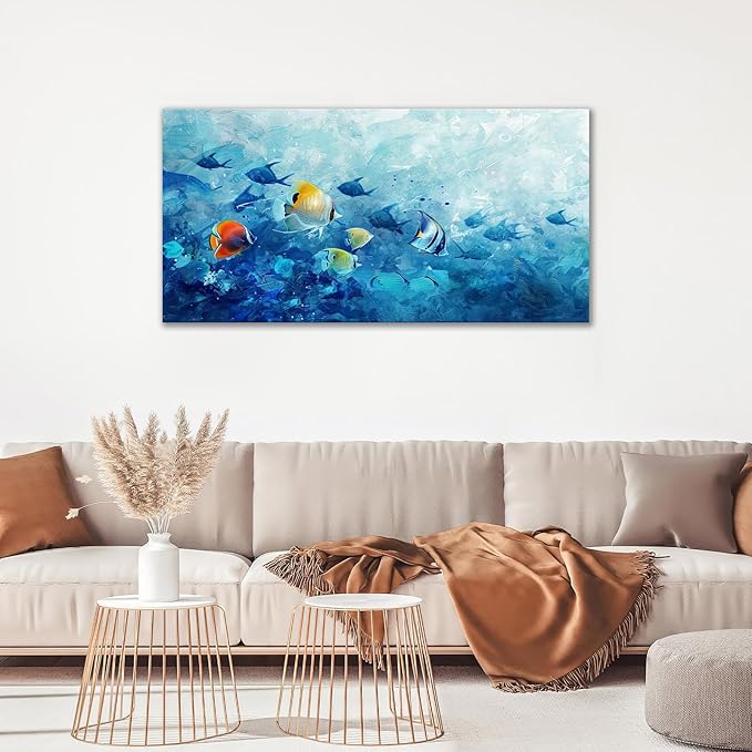 Extra Large Wall Art Tropical Fish Canvas Living Room Pictures Framed Prints Ocean Blue Oversize Wall Decor Animal Painting Artwork for Bedroom Dining Office Home 60"x30"-PawvioPets