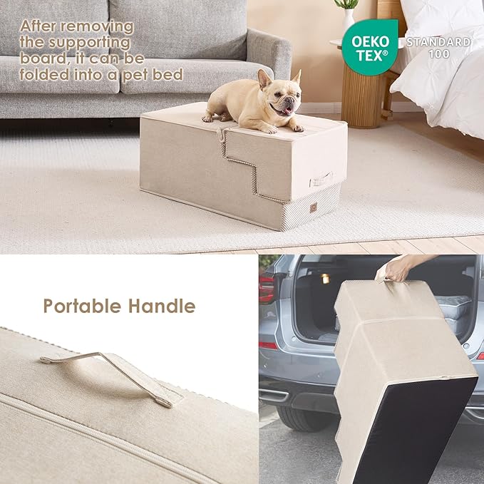 EHEYCIGA Dog Stairs for High Bed 22.5" H, 5-Step Dog Steps for Bed, Pet Steps for Small Dogs and Cats, Non-Slip Balanced Pet Ramp Indoor, Beige-PawvioPets