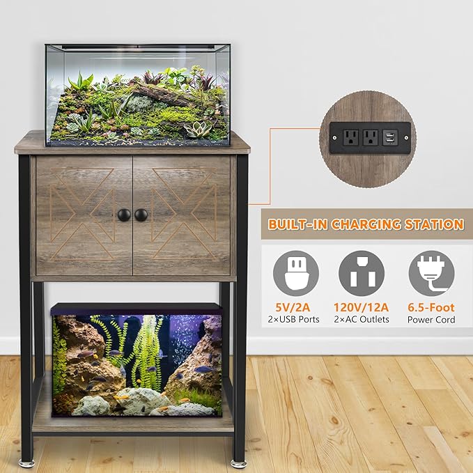 5-10 Gallon Fish Tank Stand, Heavy Duty Aquarium Stand with Cabinet & Power Outlets for Fish Tank Accessories Storage, Double Tank Stand 20.5" L* 11" W Tabletop, 220LBS Capacity, Grey-PawvioPets