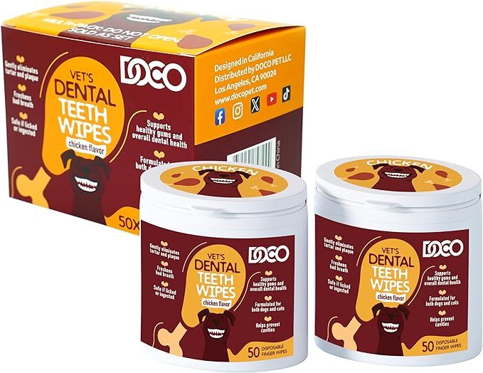 DOCO Dog Teeth Cleaning Wipes Dental Finger Wipes for Cats & Dogs Remove Plaque & Tartar, Freshen Breath, No Rinse, Easy & Effective Pet Tooth Cleaning Kit for Oral Care, Chicken Flavor, 100 Count-PawvioPets