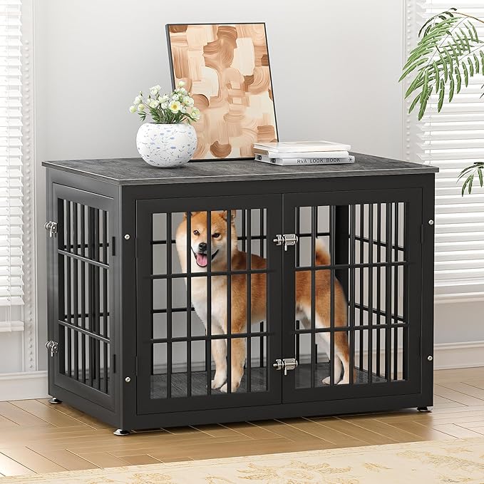 38 Inch Heavy Duty Dog Crate Furniture for Large and Medium Dogs, Decorative Pet House End Table, Wooden Cage Kennel Furniture Indoor, Gray-PawvioPets