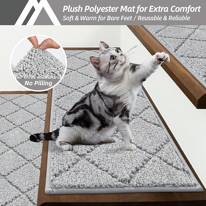 COSY HOMEER Edging Stair Treads Non-Slip Carpet Mat 28inX9in Indoor Stair Runners for Wooden Steps, Edging Stair Rugs for Kids and Dogs, 100% Polyester TPE Backing (15pc, Grey)-PawvioPets