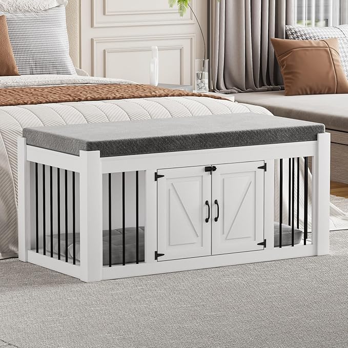 Dog Crate Furniture with Padded Seat, Luxury Wooden Dog Kennel, End of Bed Bench Ottoman with Removable Cushion for Bedroom, Living Roome, White-PawvioPets