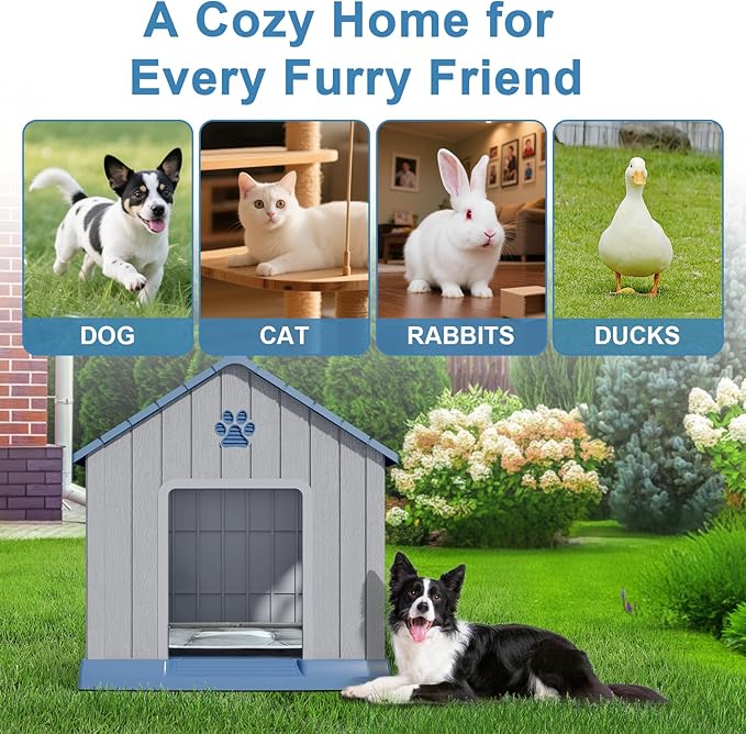 Dog House Indoor Outdoor for Small to Large Sized Dogs Resin Outdoor Dog House with Ventilation Puppy Shelter with Elevated Floor, Easy to Assemble, Blue-PawvioPets